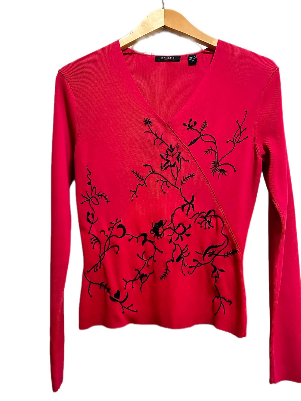Vintage Cyrus Red Embroidered Faux Wrap VNeck Knit Sweater Top S